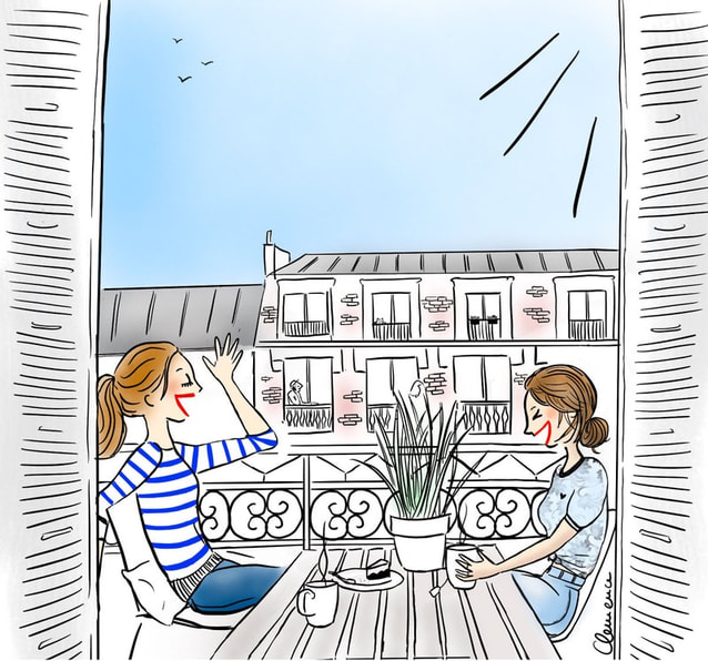 illustration clemence de fleurian clemencef paris illustratrice illustrator illustration terrasse copines amis parisiennes balcon drink papote potin potiner friends love